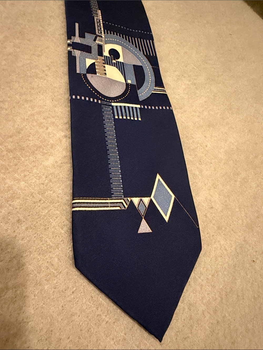 Frank Lloyd Wright Navy Silk Tie with Blue, Cream, Gray Geometric Pattern